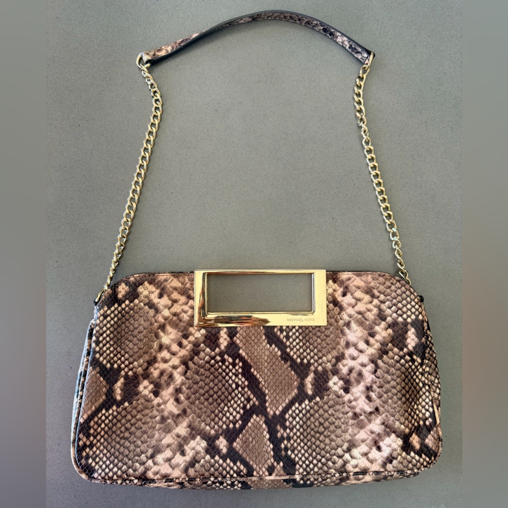 Michael Kors Brown & Gold Snake Print Shoulder Bag Clutch